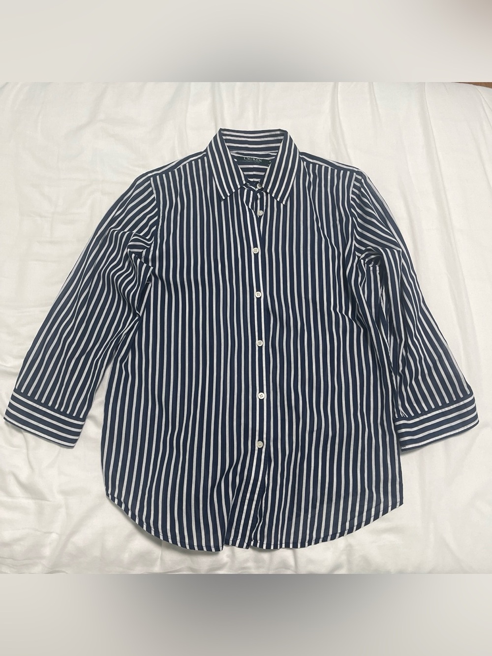 Lauren Ralph Lauren stripped button down, sz medium, 3/4 sleeves, gently used